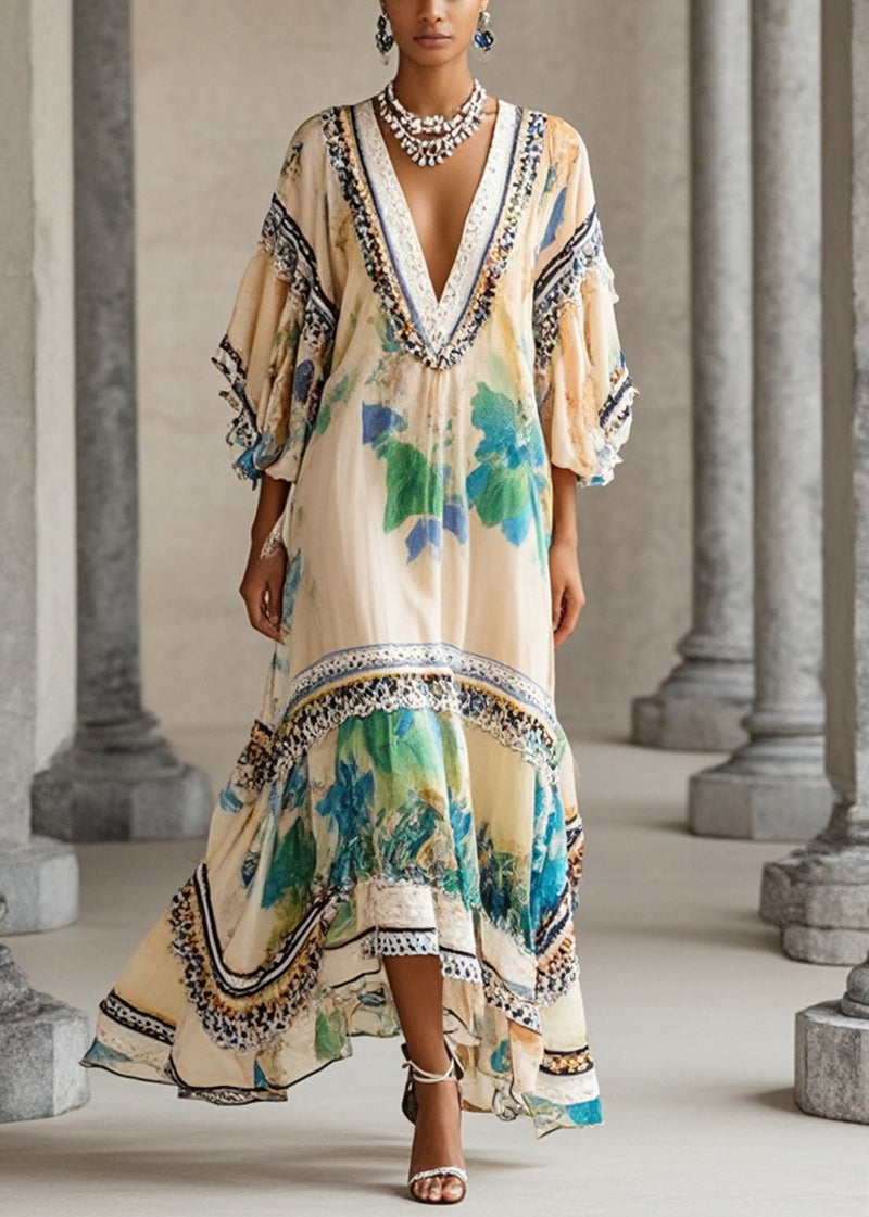Deep V-Neck Batwing Sleeve Embroidered Trim Chiffon Kaftan Maxi Dress - View 5