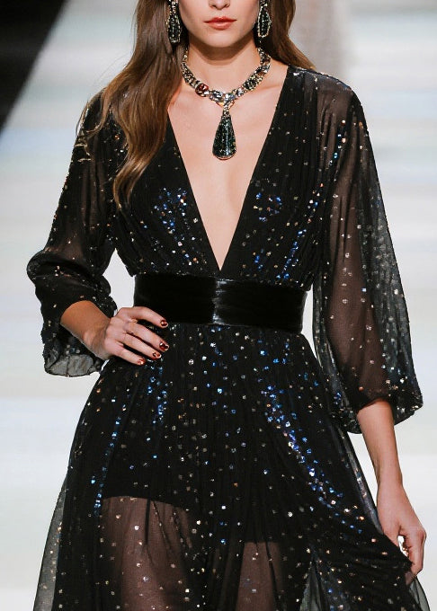 Sequin Deep V-Neck Long Sleeve Belted Tulle Maxi Gown - View 2