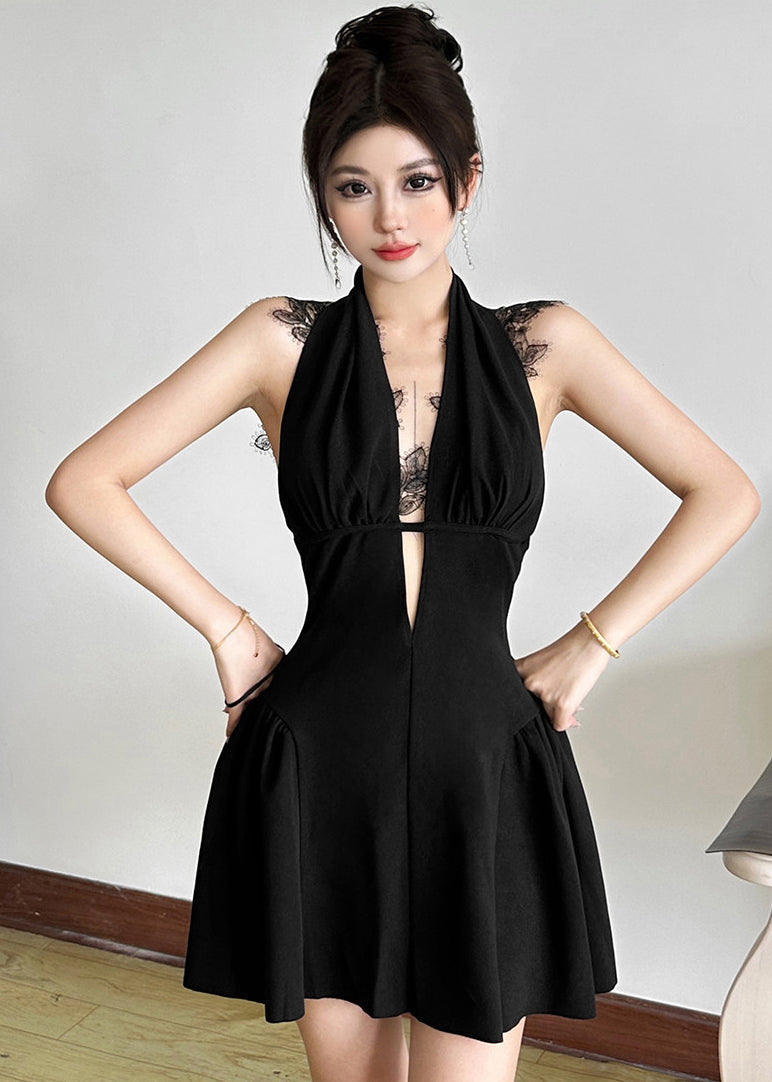 Halter Deep V-Neck Lace Trim Flared Mini Dress - View 2