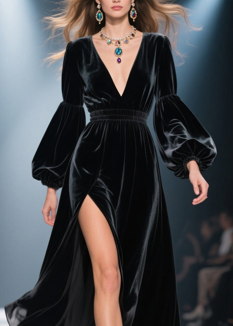 Velvet V-Neck Bishop Sleeve Smocked Waist High Split Maxi Gown - View 2