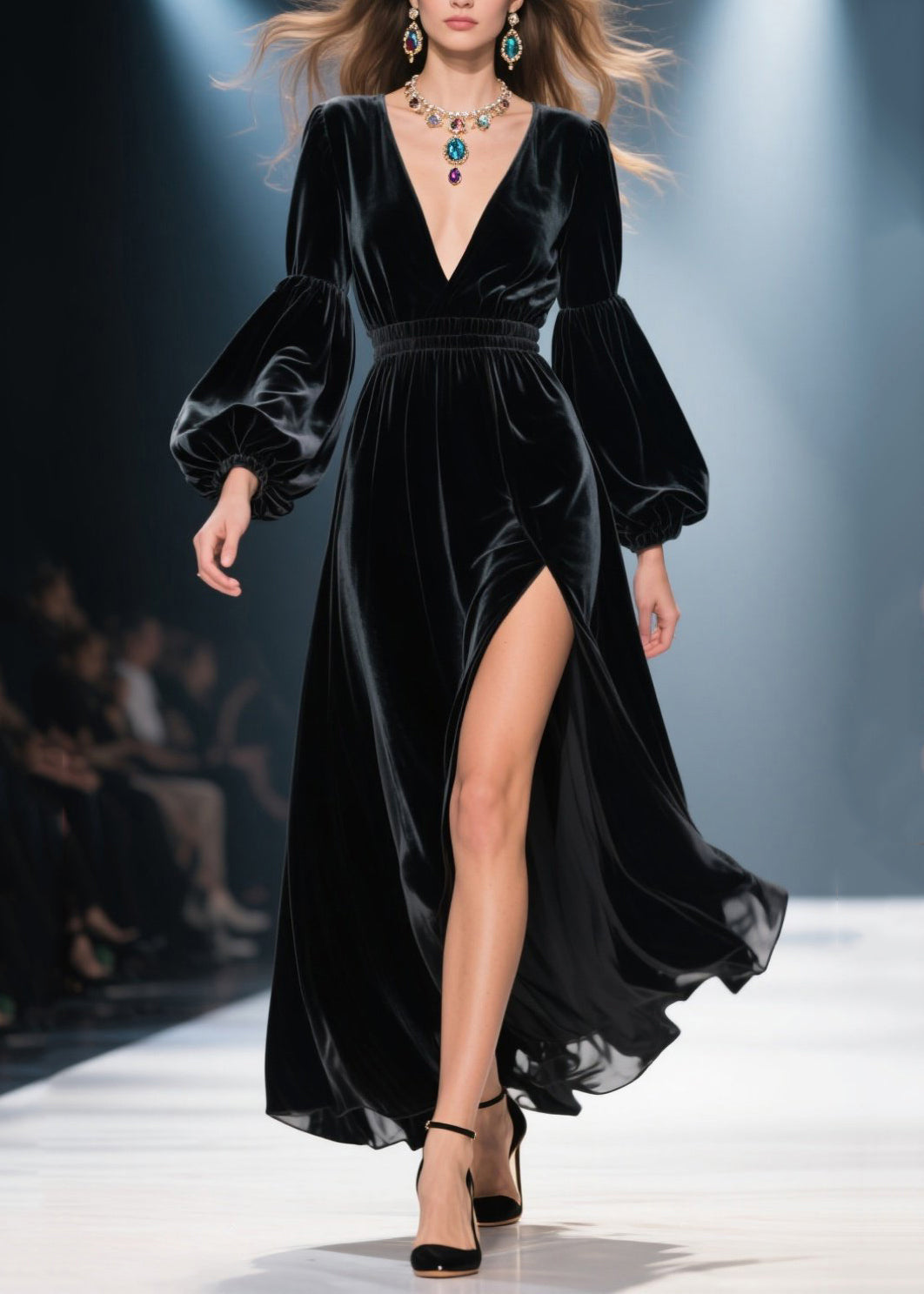 Velvet V-Neck Bishop Sleeve Smocked Waist High Split Maxi Gown - View 3