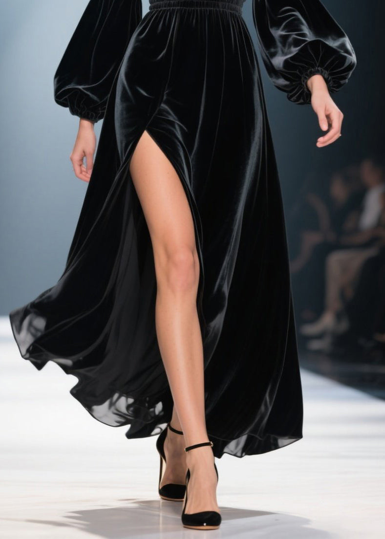 Velvet V-Neck Bishop Sleeve Smocked Waist High Split Maxi Gown - View 4