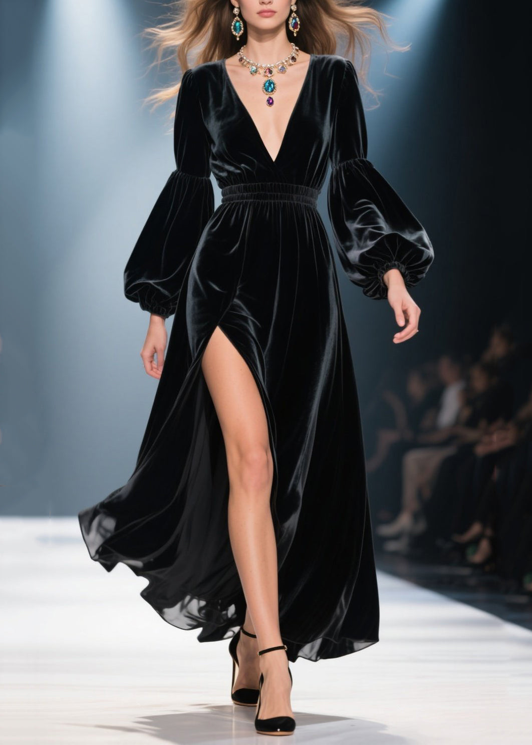 Velvet V-Neck Bishop Sleeve Smocked Waist High Split Maxi Gown - View 5