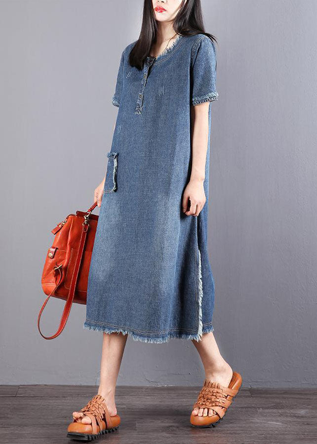 Denim Henley Button Short Sleeve Patch Pocket Frayed Edge Midi Dress - View 2