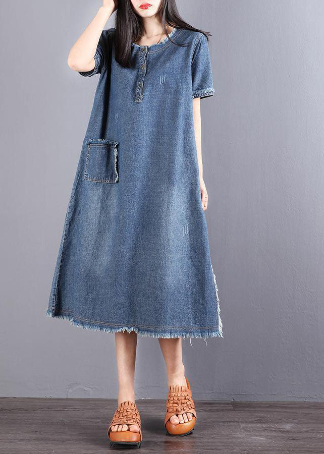 Denim Henley Button Short Sleeve Patch Pocket Frayed Edge Midi Dress - View 3