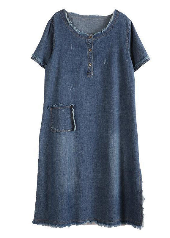 Denim Henley Button Short Sleeve Patch Pocket Frayed Edge Midi Dress - View 5