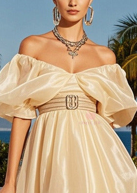 Beautiful Champagne Cold Shoulder Silk Strapless Dress Puff Sleeve - View 2
