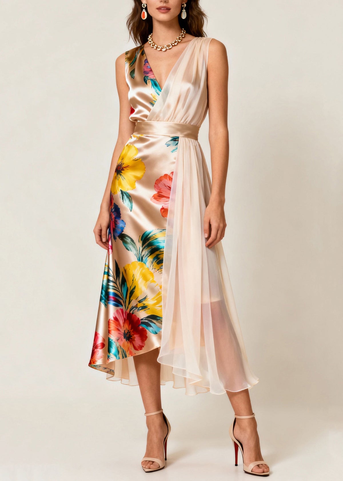 Floral Satin Surplice V-Neck Sheer Pleated Panel Midi Dress - View 3