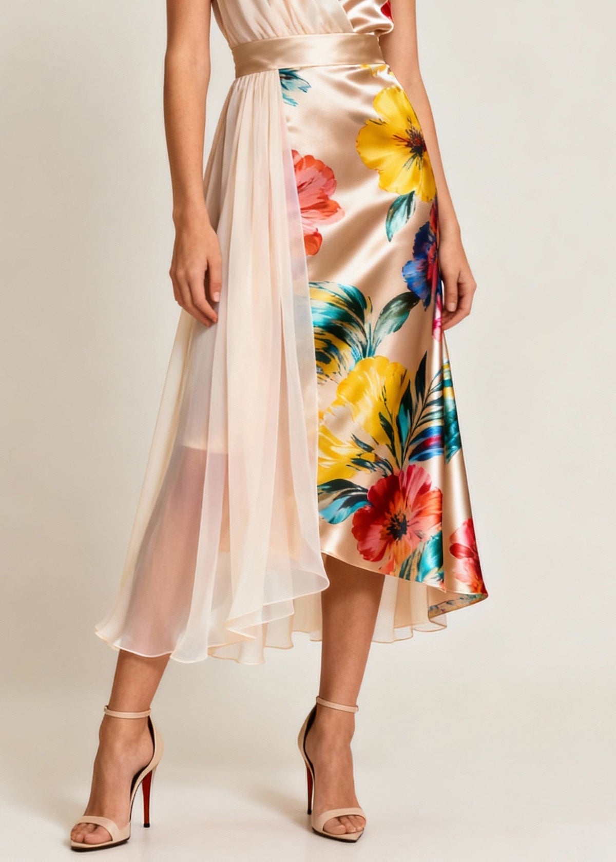 Floral Satin Surplice V-Neck Sheer Pleated Panel Midi Dress - View 4