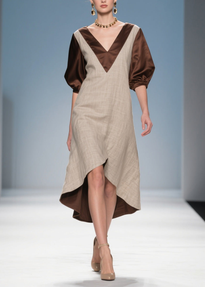 Deep V-Neck Puff Sleeve Satin Neck Panel Woven High Low Midi Dress