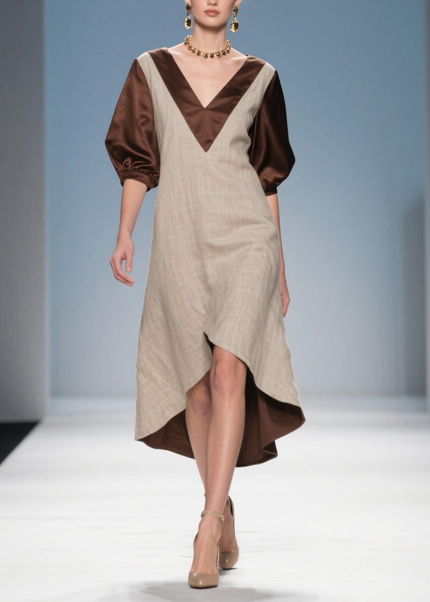 Deep V-Neck Puff Sleeve Satin Neck Panel Woven High Low Midi Dress - View 3
