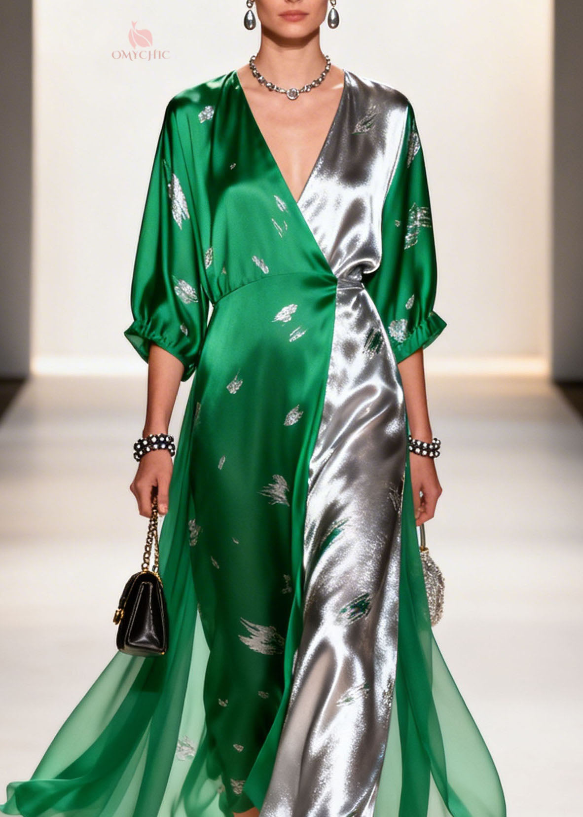 Colorblock Satin Abstract Embroidery Deep V-Neck Maxi Gown - View 2