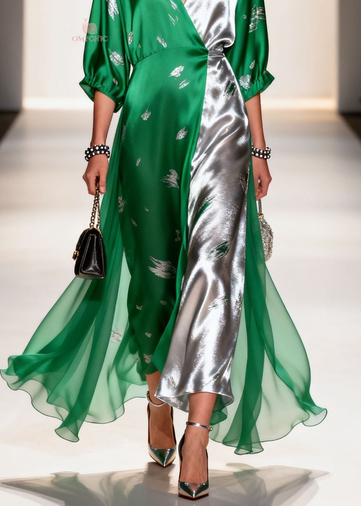 Colorblock Satin Abstract Embroidery Deep V-Neck Maxi Gown - View 4