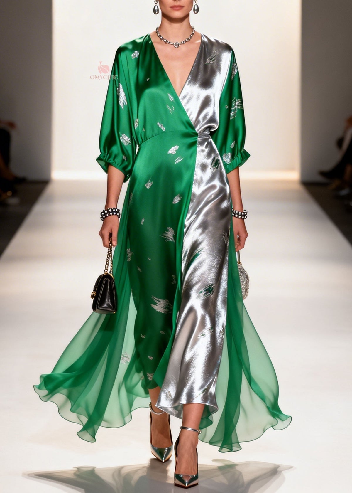 Colorblock Satin Abstract Embroidery Deep V-Neck Maxi Gown - View 5