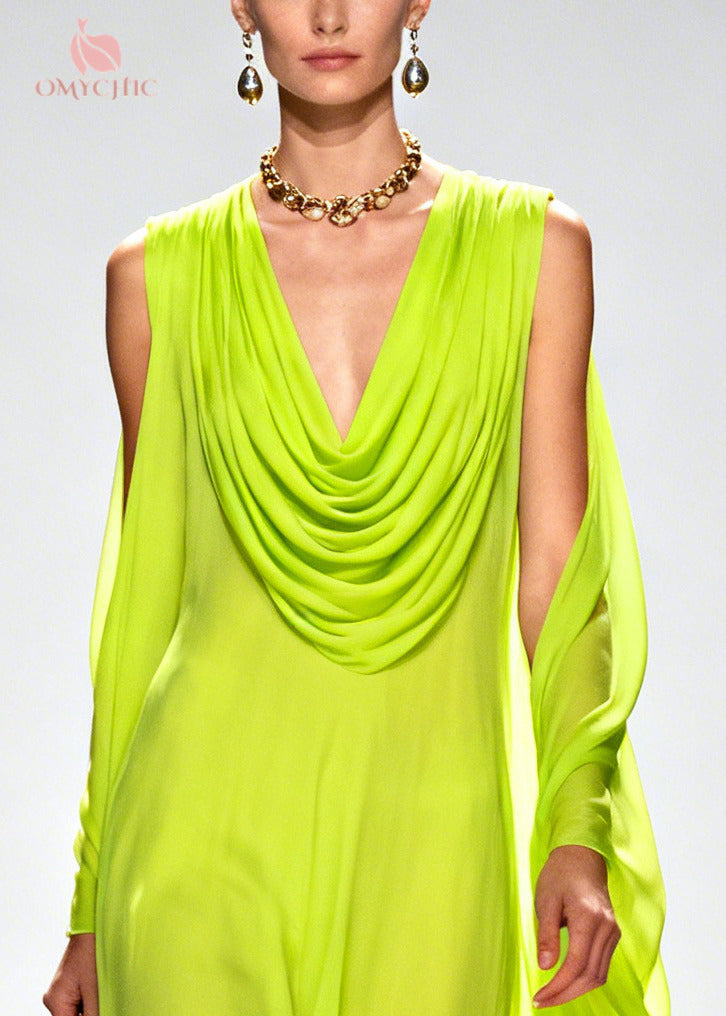 Chiffon Cowl Deep V-Neck Draped Cape Flowy Maxi Dress - View 2