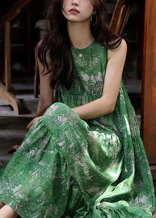 Tropical Palm Leaf Print Crew Neck Sleeveless Tiered Maxi Dress