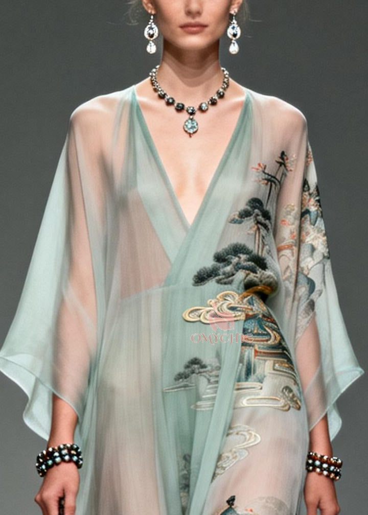 Chiffon Deep V-Neck Bell Sleeve Metallic Embroidered Maxi Gown - View 2