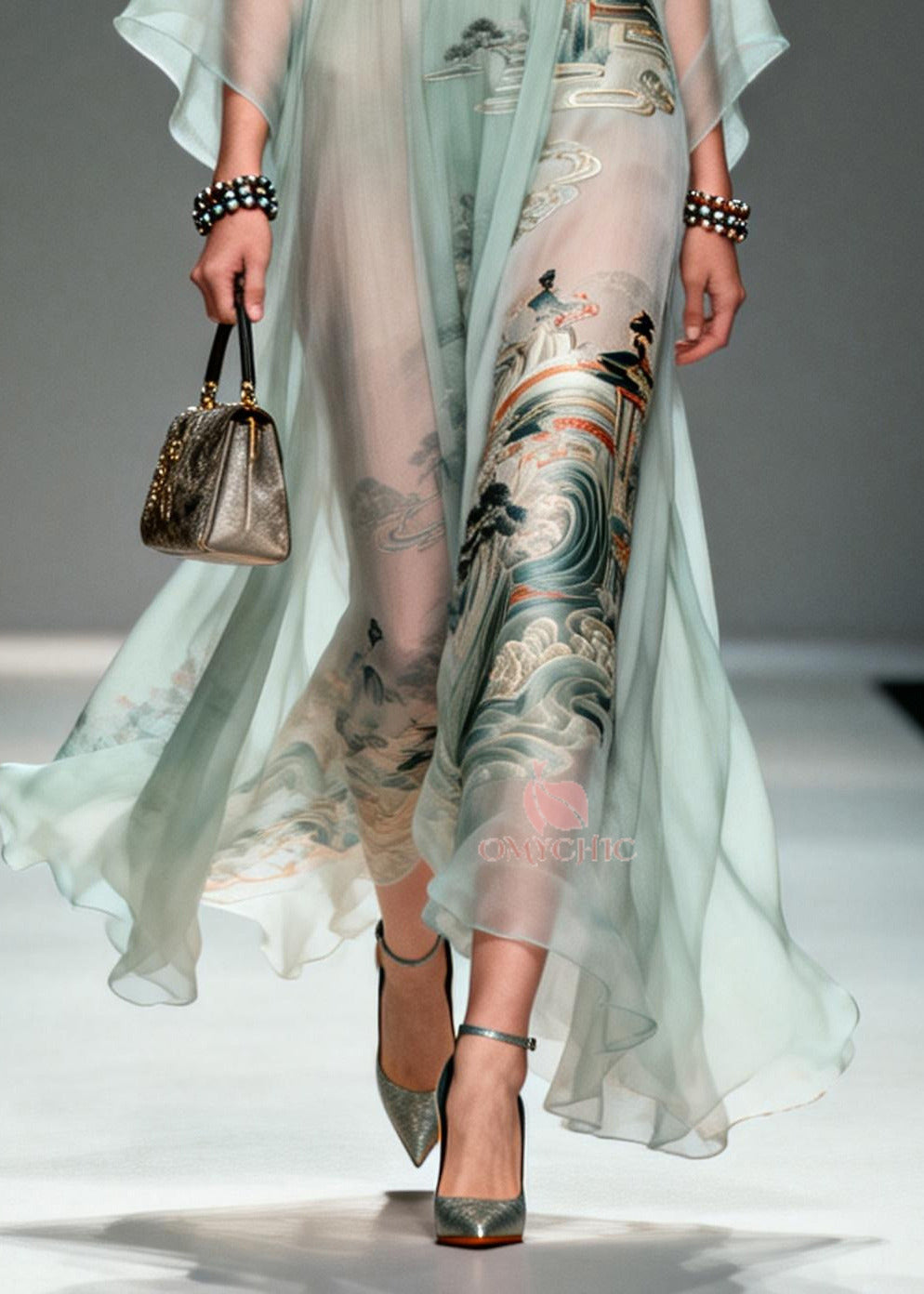 Chiffon Deep V-Neck Bell Sleeve Metallic Embroidered Maxi Gown - View 4
