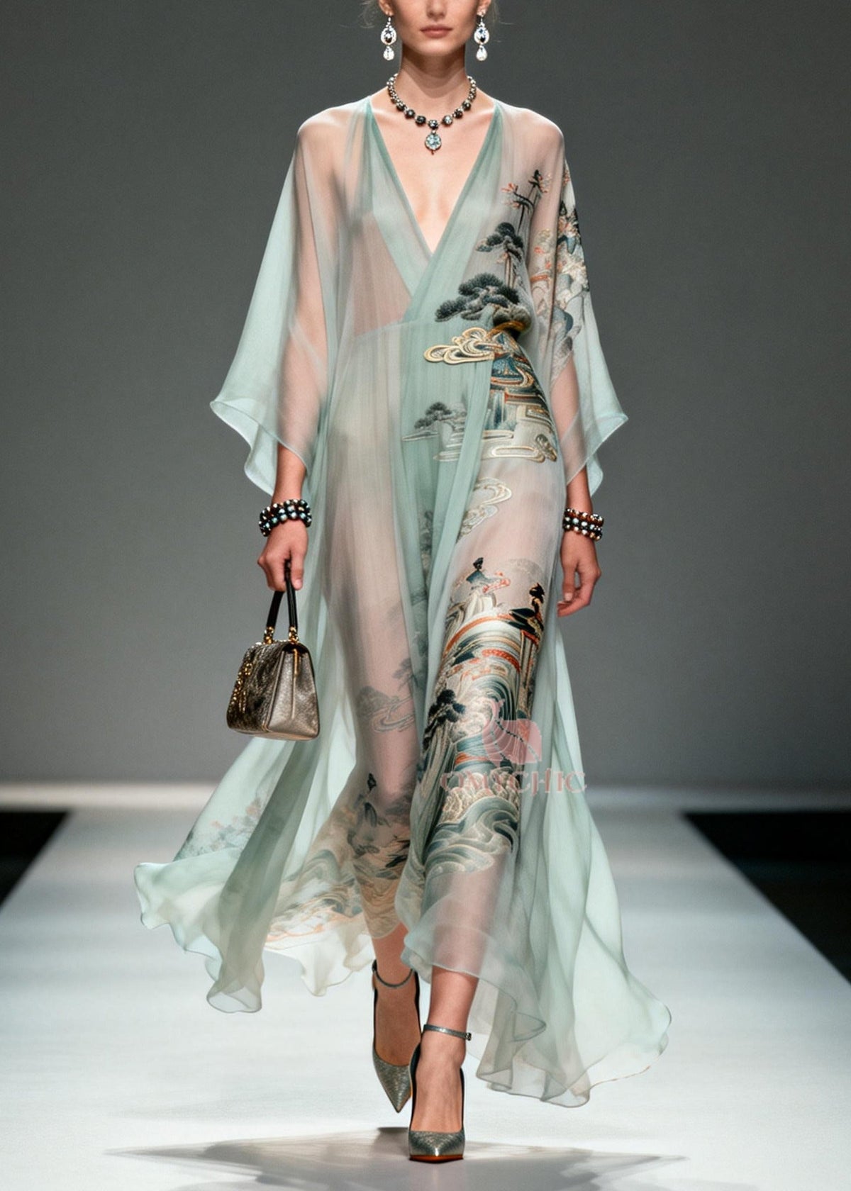 Chiffon Deep V-Neck Bell Sleeve Metallic Embroidered Maxi Gown - View 5
