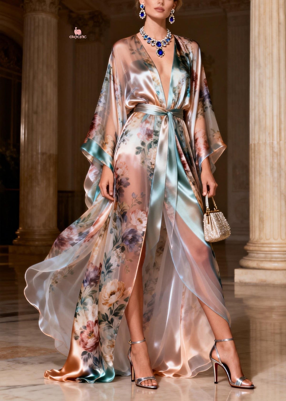 Satin Deep V-Neck Kimono Sleeve Floral Print Wrap Tie High Split Maxi Gown - View 3