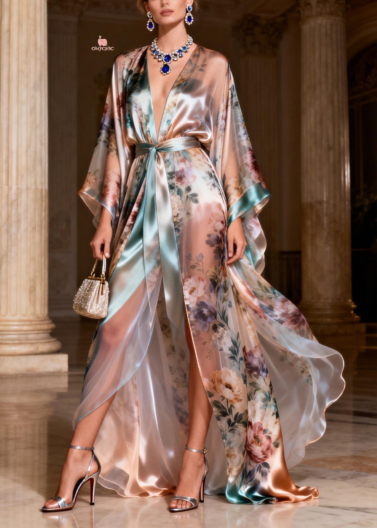 Satin Deep V-Neck Kimono Sleeve Floral Print Wrap Tie High Split Maxi Gown - View 5