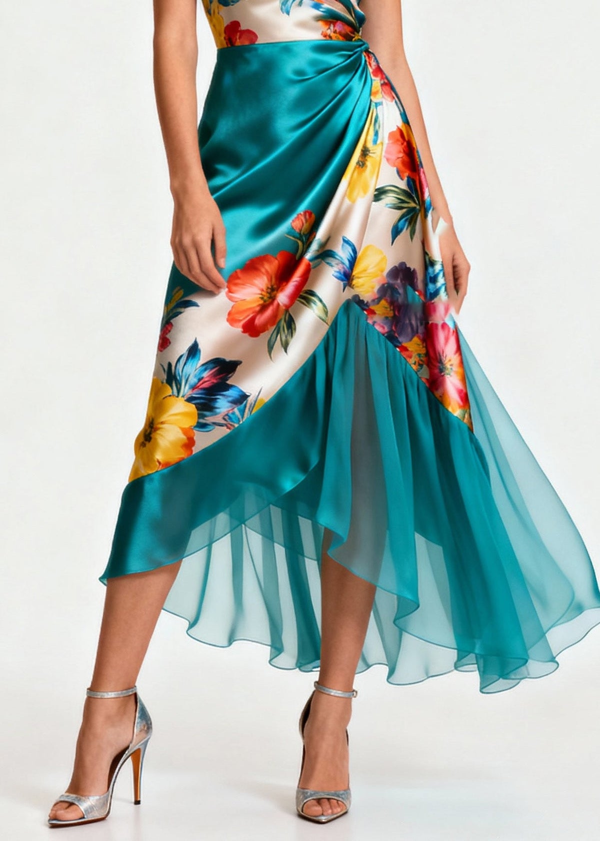 Floral Print Spaghetti Strap Wrap V-Neck Ruched Tulle Midi Dress - View 4