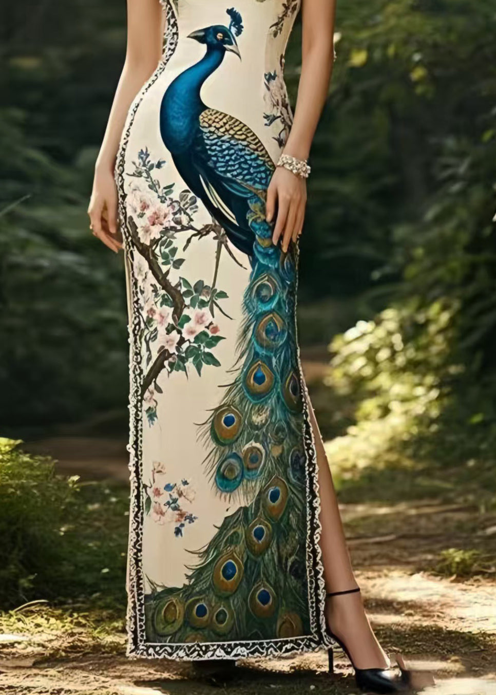 Peacock Print Halter Neck Mandarin Collar Column Maxi Gown - View 4