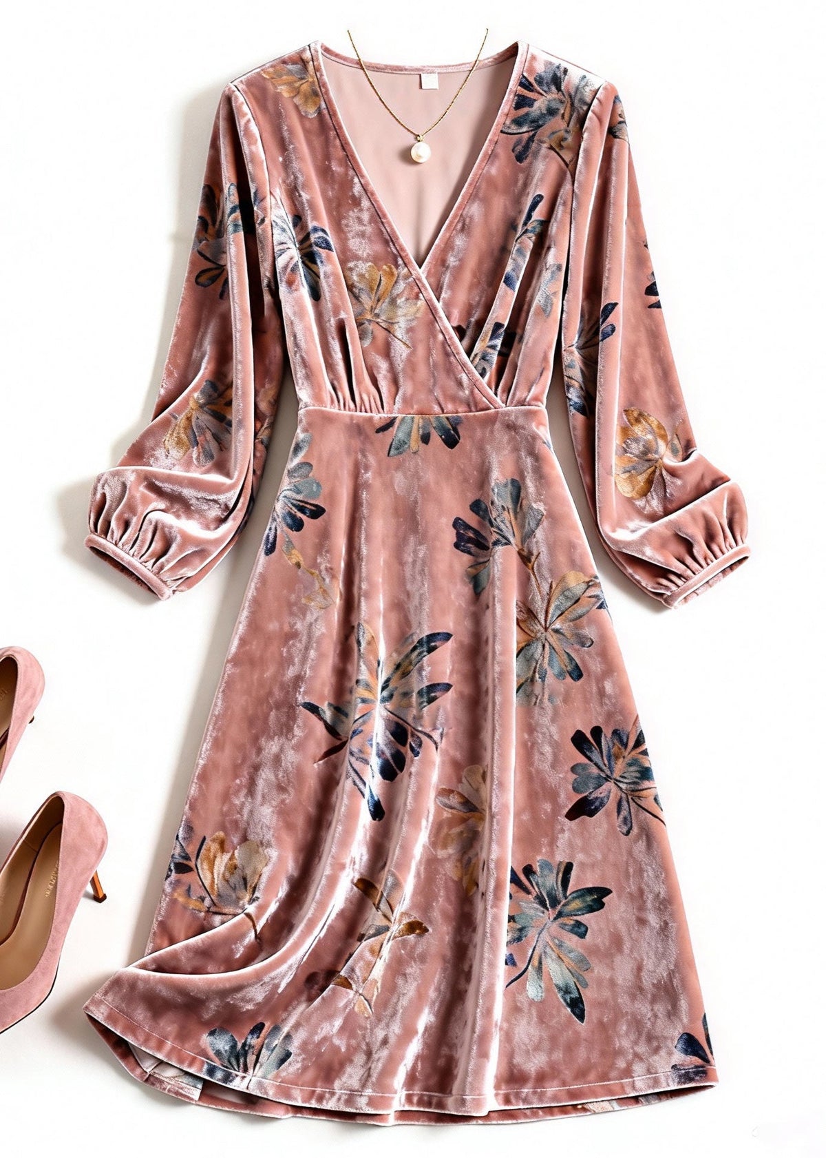 Floral Print Velvet Deep V-Neck Wrap Long Sleeve A-Line Midi Dress
