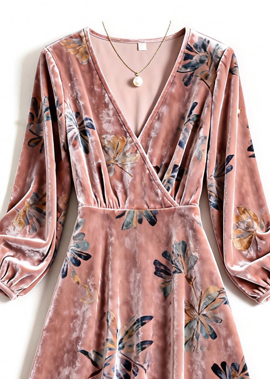 Floral Print Velvet Deep V-Neck Wrap Long Sleeve A-Line Midi Dress - View 2