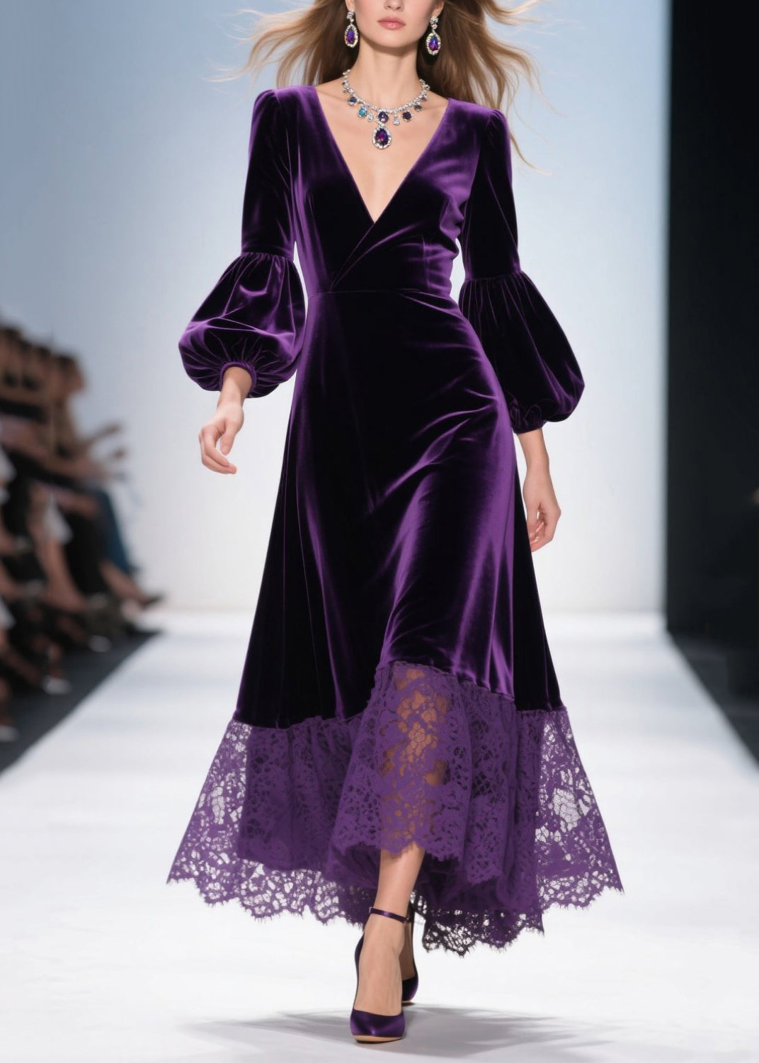 Velvet Lace Hem Wrap Deep V-Neck Balloon Sleeve Maxi Dress - View 3