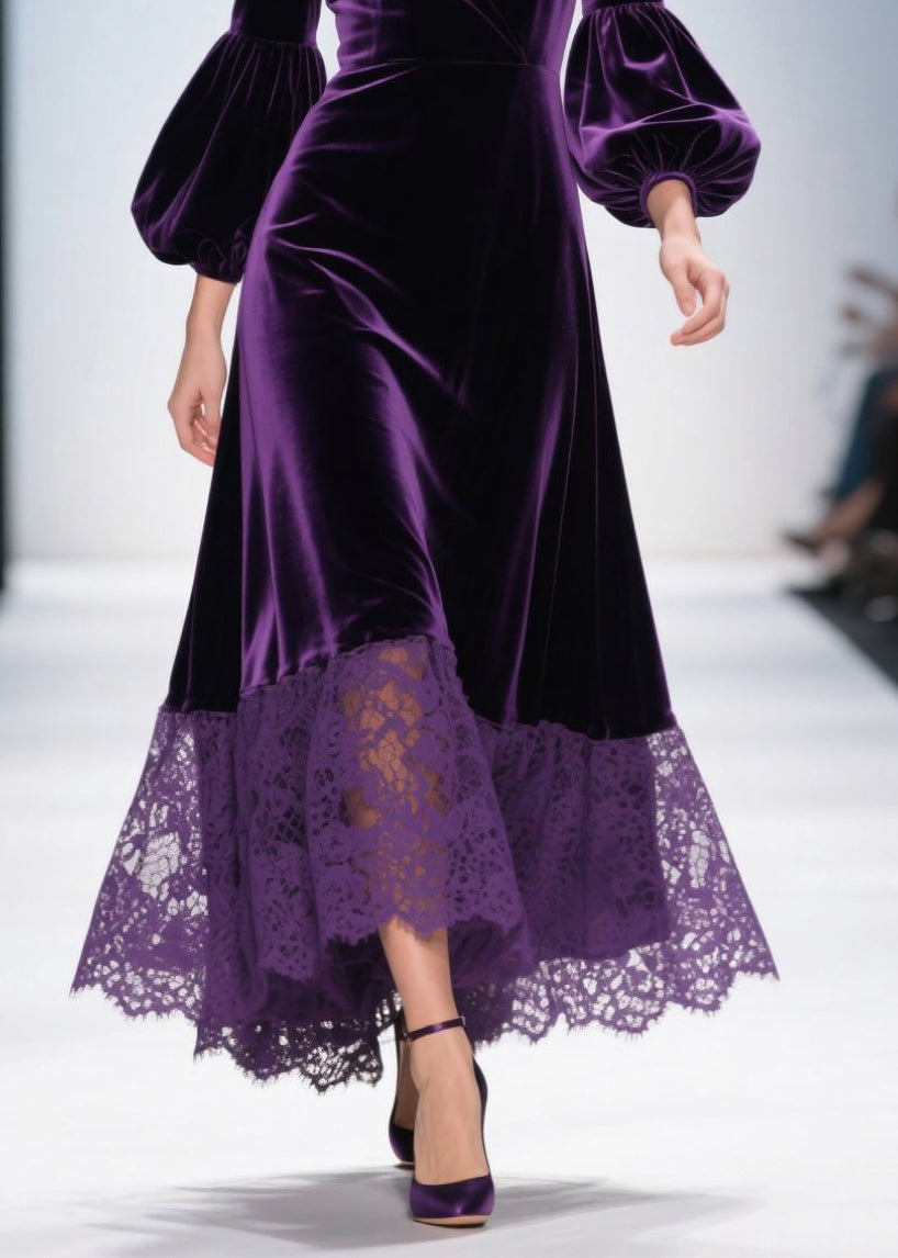 Velvet Lace Hem Wrap Deep V-Neck Balloon Sleeve Maxi Dress - View 4
