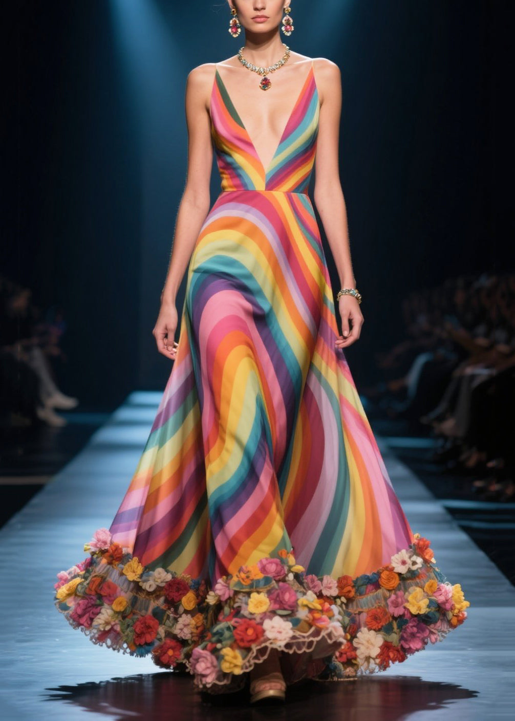 Wavy Stripe Print Deep V-Neck Spaghetti Strap 3D Floral Gown