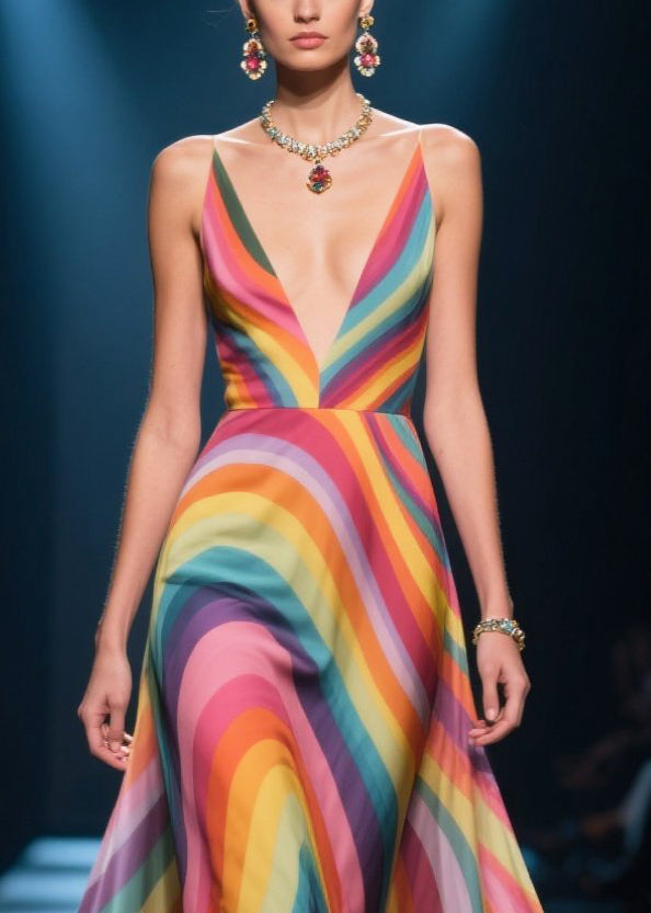 Wavy Stripe Print Deep V-Neck Spaghetti Strap 3D Floral Gown - View 2