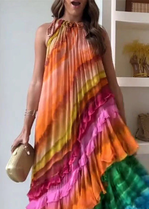 Beautiful Rainbow Wrinkled Lace Up Cotton Maxi Dresses Sleeveless - View 2
