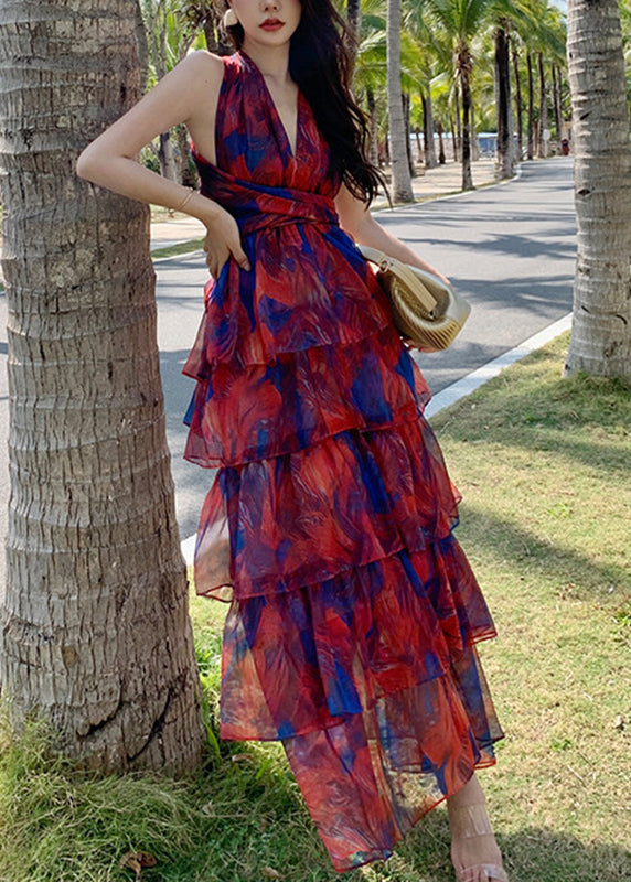 Beautiful Red V Neck Print Chiffon Tunic Maxi Dresses Summer - View 3