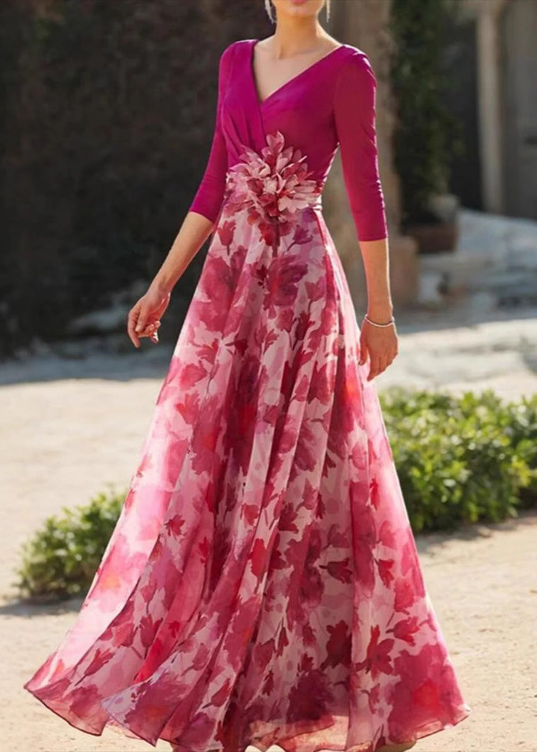 Floral Print V-Neck Surplice Three Quarter A-Line Maxi Gown