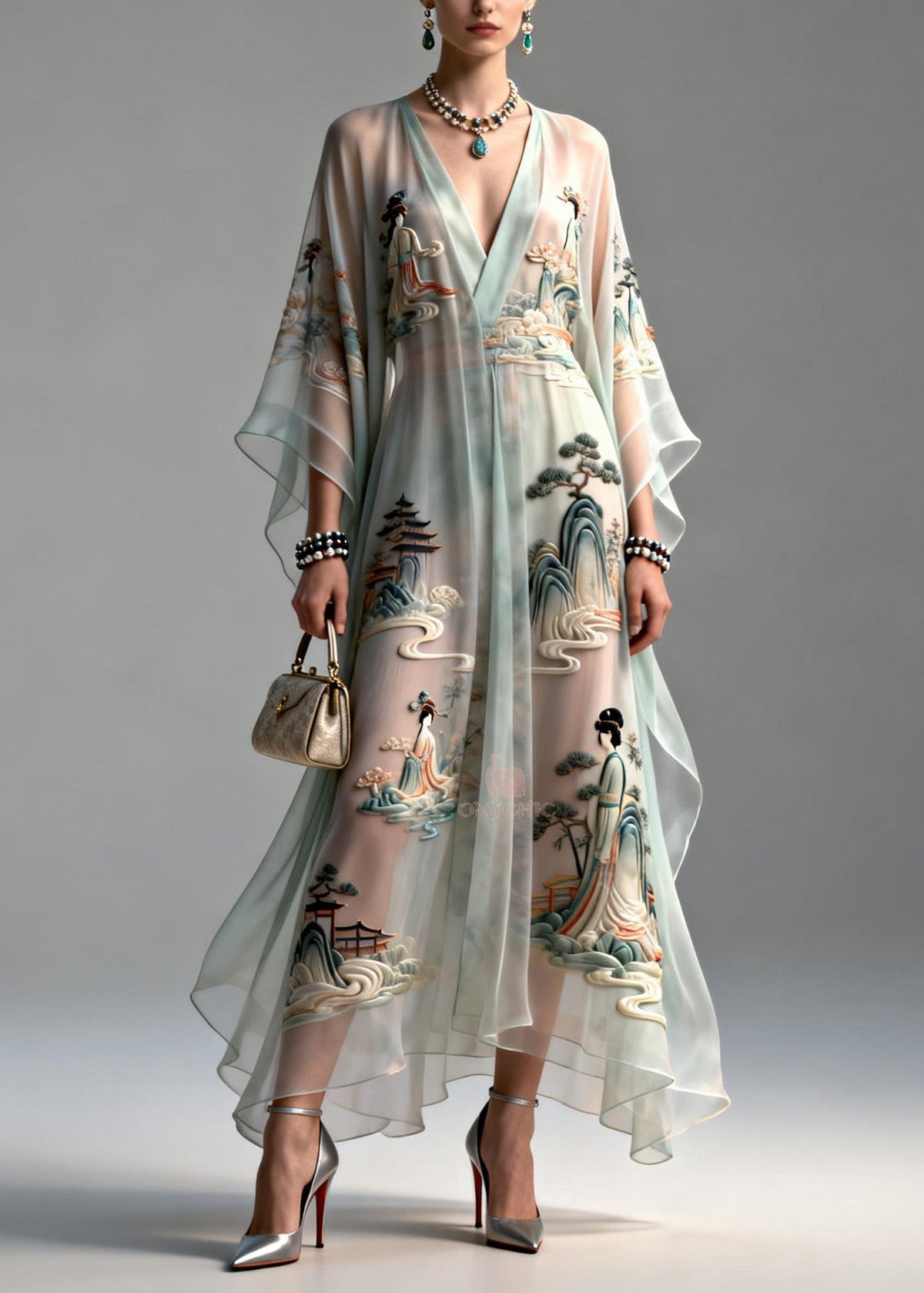 3D Embroidered Landscape Deep V-Neck Sleeve Maxi Gown