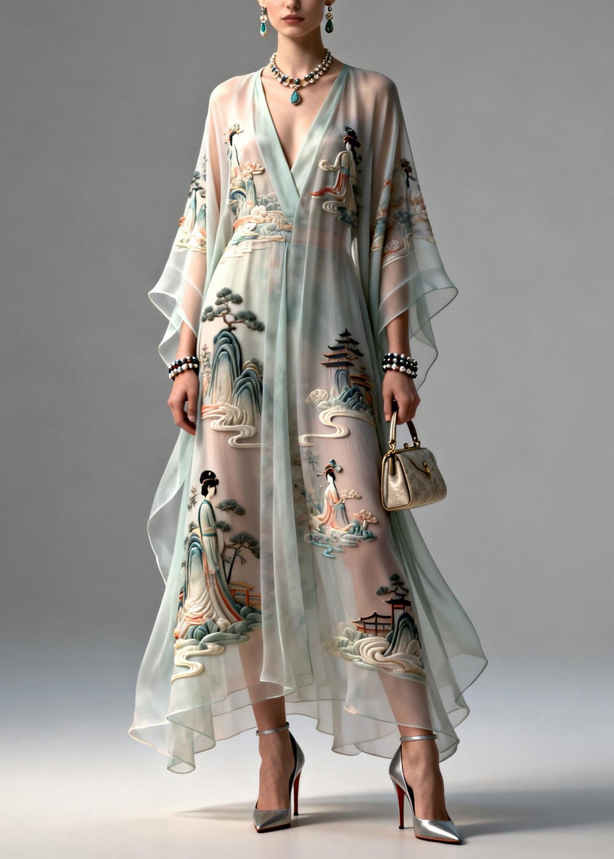 3D Embroidered Landscape Deep V-Neck Sleeve Maxi Gown - View 3