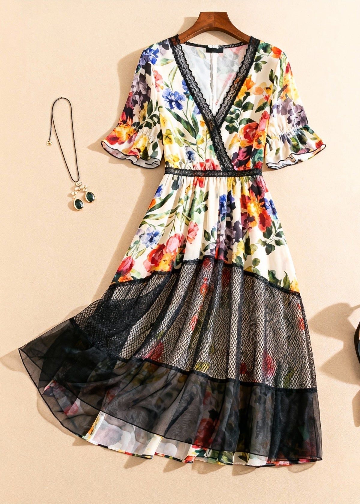 Floral Print V-Neck Lace Trim Flutter Sleeve Mesh Midi Dress