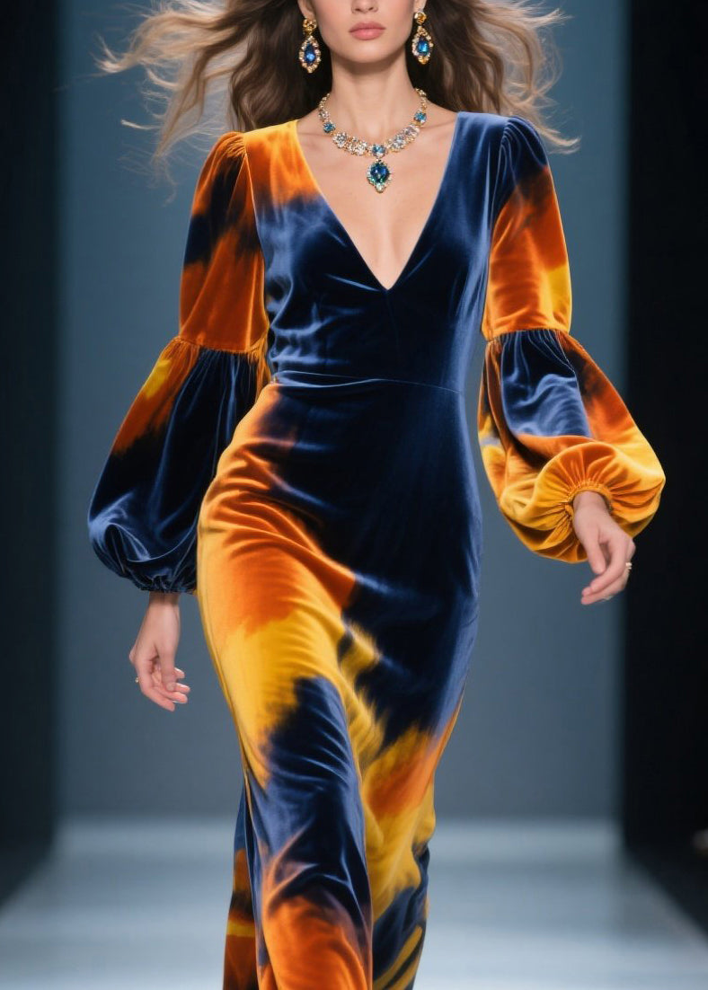 Velvet Tie Dye Lantern Sleeve Deep V-Neck Maxi Gown - View 2