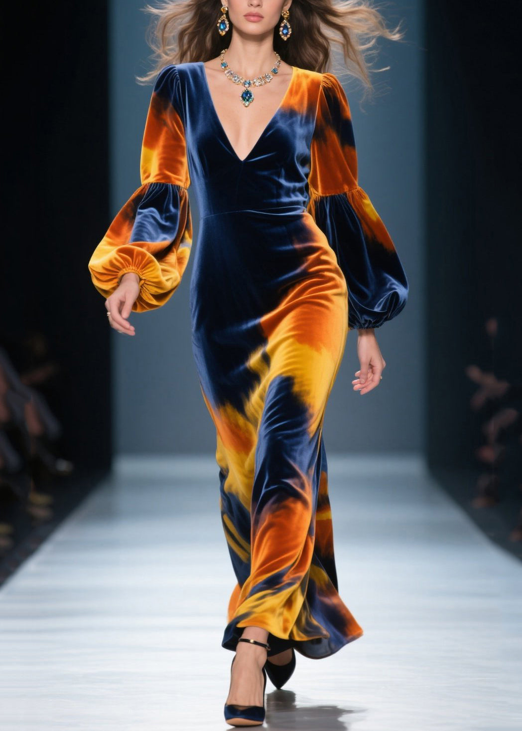 Velvet Tie Dye Lantern Sleeve Deep V-Neck Maxi Gown - View 3