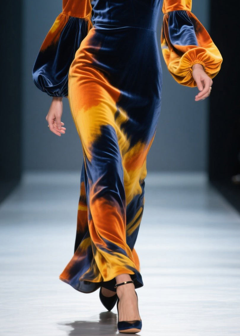 Velvet Tie Dye Lantern Sleeve Deep V-Neck Maxi Gown - View 4