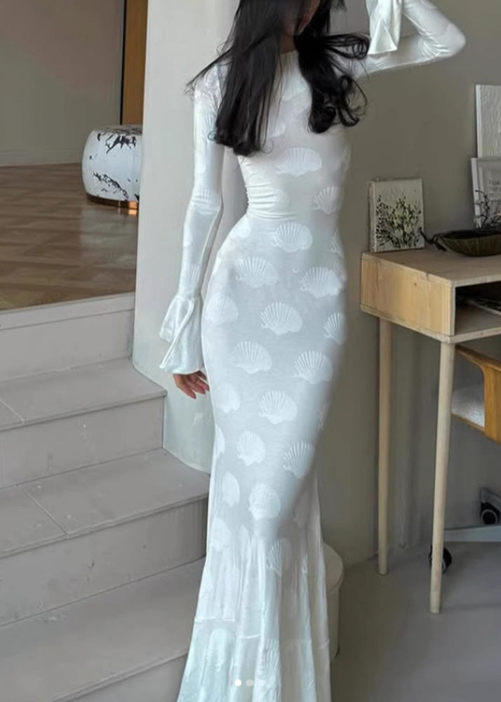 Beautiful White O Neck Backless Lace Up Silk Dress Flare Sleeve