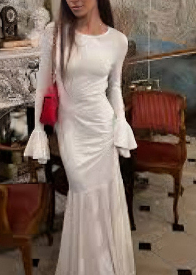 Beautiful White O Neck Backless Lace Up Silk Dress Flare Sleeve - View 3
