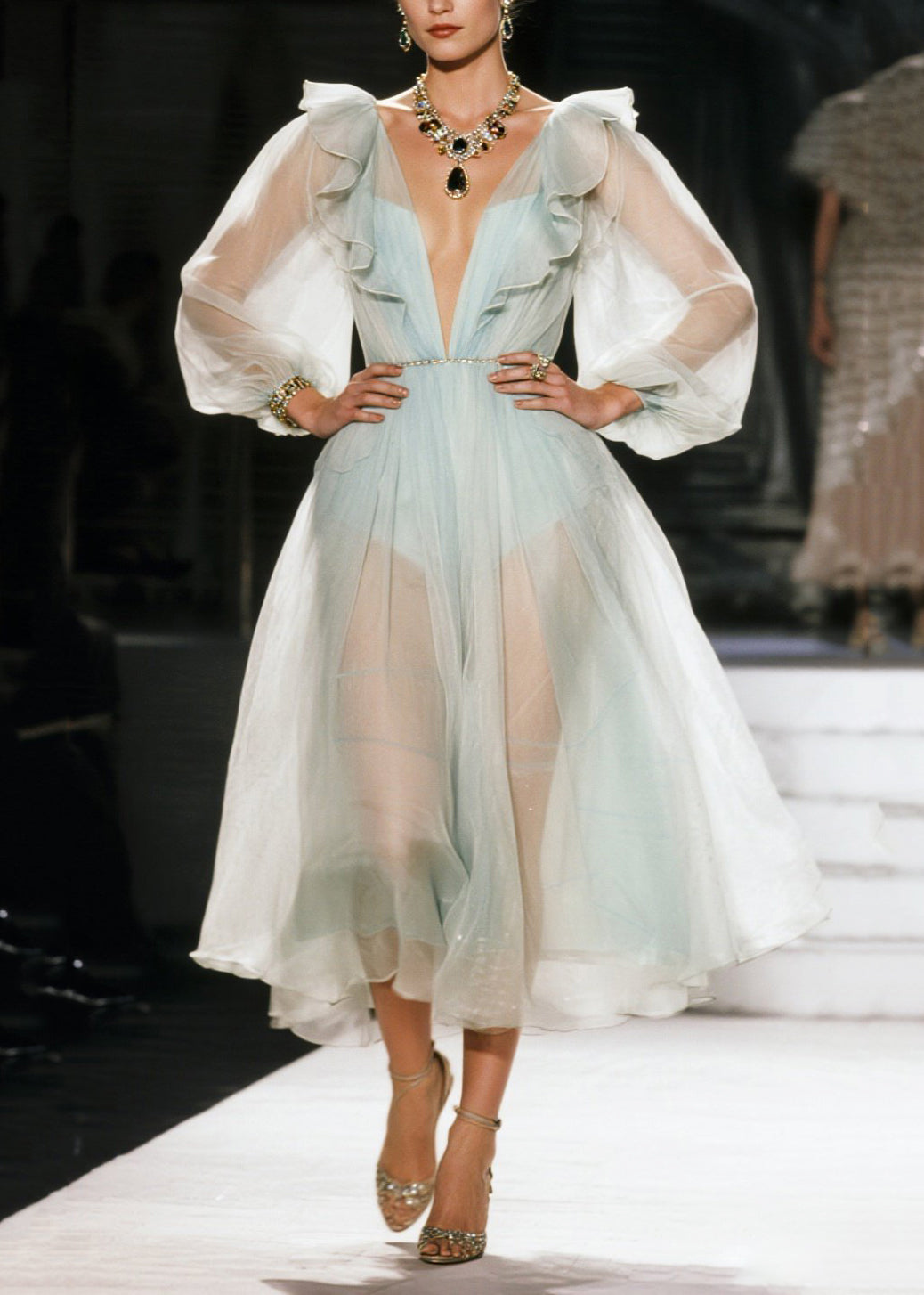 Organza Deep V-Neck Puff Sleeve Ruffle Fit and Flare Midi Dress