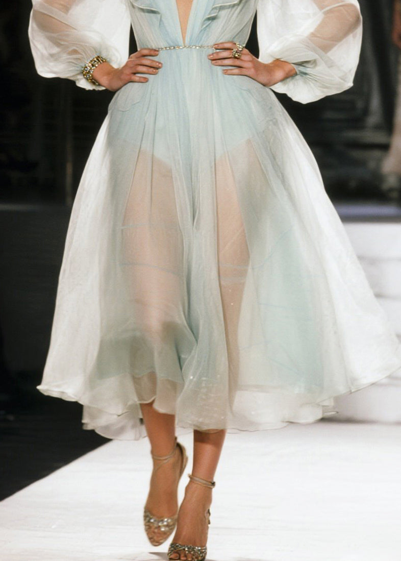 Organza Deep V-Neck Puff Sleeve Ruffle Fit and Flare Midi Dress - View 4