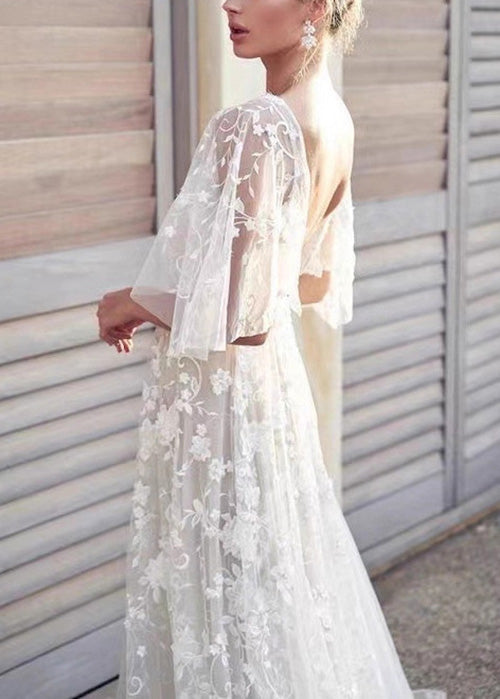 Beautiful White V Neck Backless Tulle Lace Long Dress Summer - View 2