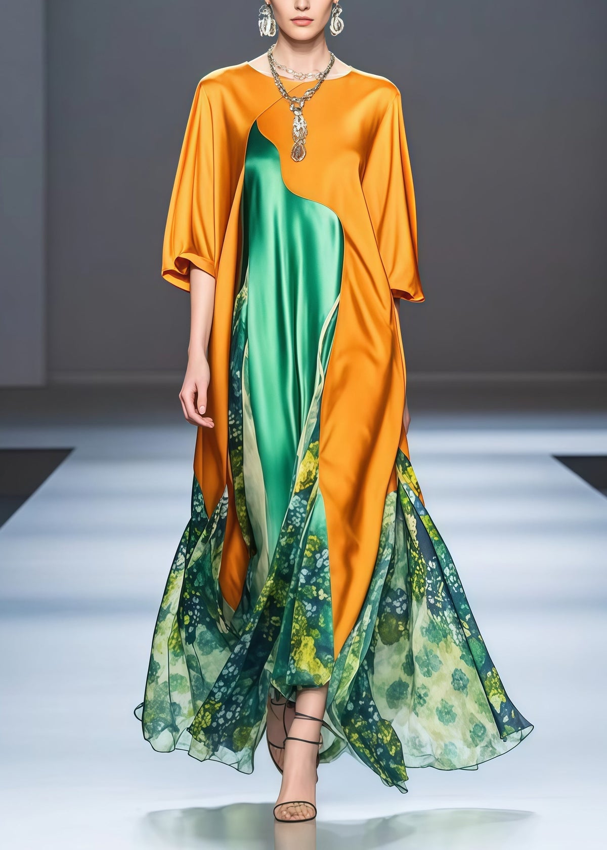Round Neck Batwing Sleeve Floral Patchwork Satin Maxi Dress