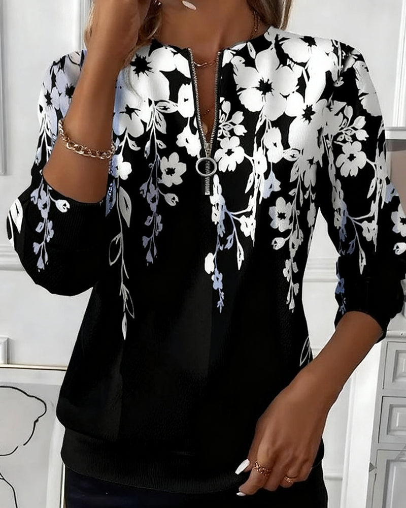 Floral Print Quarter Zip Long Sleeve Pullover Top 3