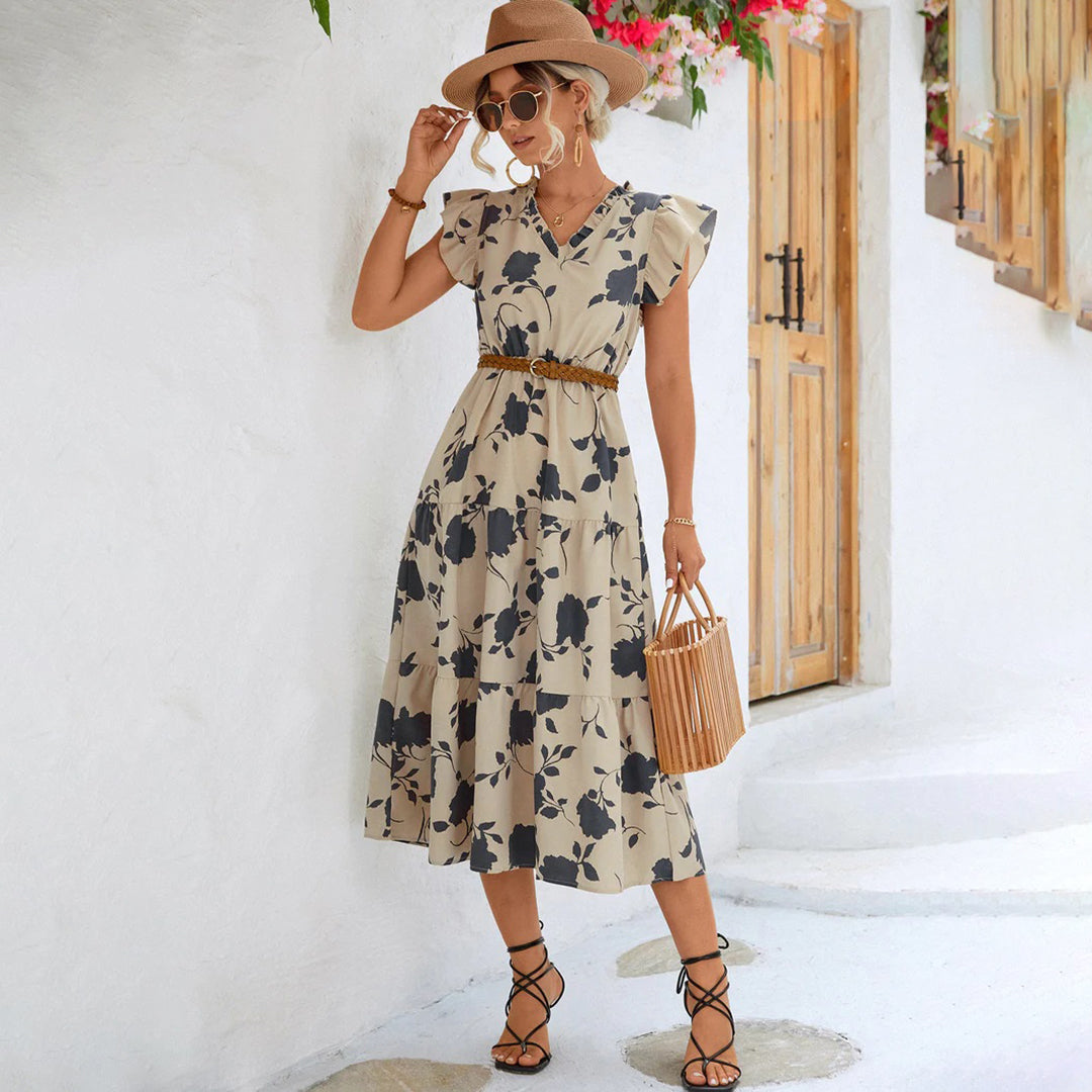 Floral Print V-Neck Flutter Sleeve Elastic Waist Tiered Dress - View 5